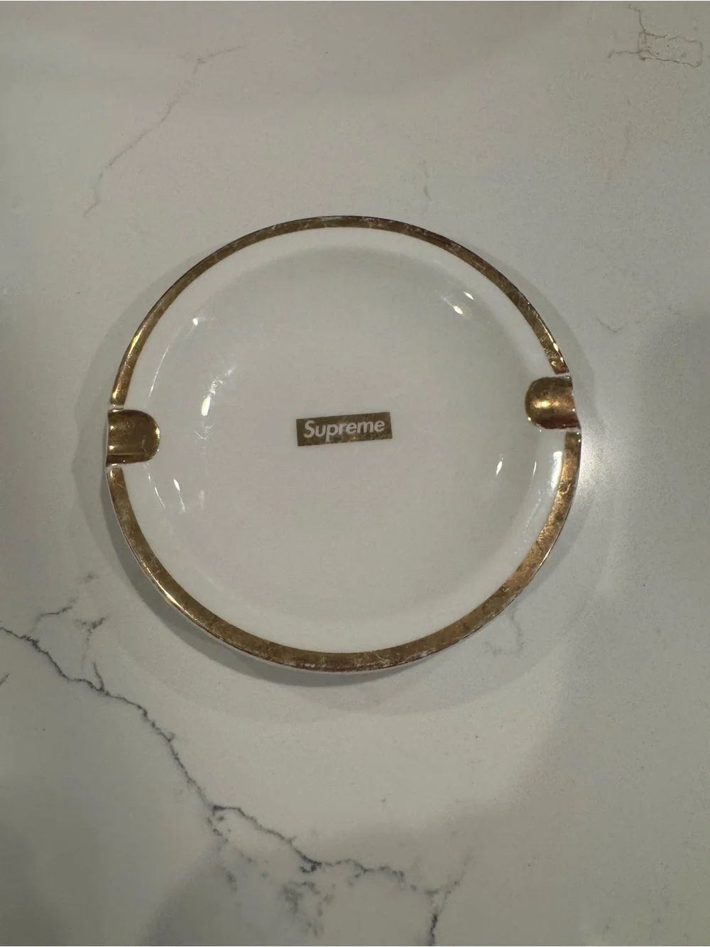 Supreme White Ceramic Ashtray with Gold Accent